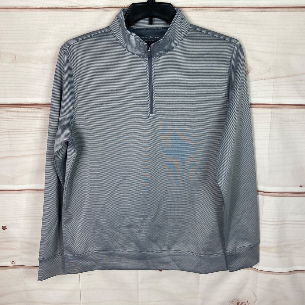 Hickey Freeman Top Mens M Gray Stripe 1/4 Zip Pullover Golf Long Sleeve Stretch‎